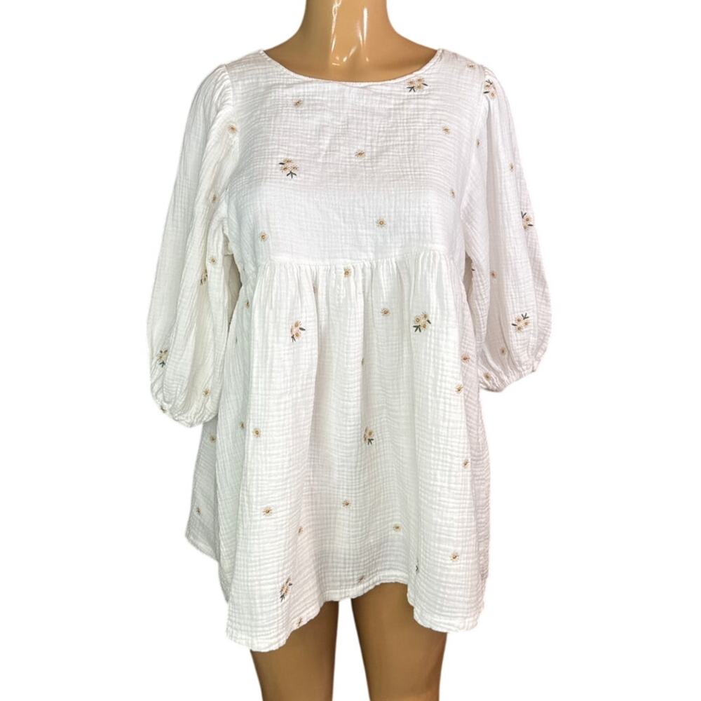 Klesis Size White Daisy Embroidered Crop Sleeve Babydoll Top Size Medium
